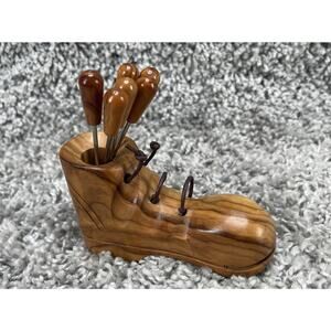 Hand Carved Wood Shoe Olive Pick Holder Appetizer Forks Set Vintage Mid Century